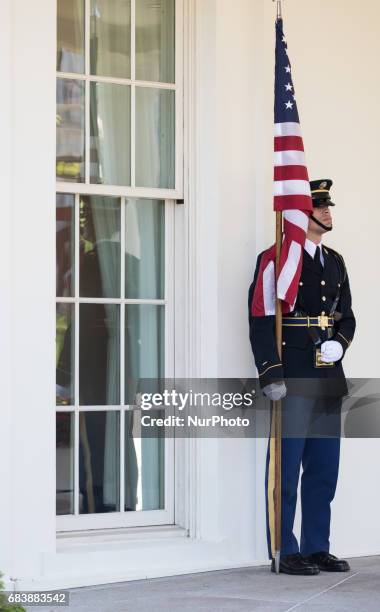 An Honor Guard stands ready for the arrival of Crown Prince Muhammad bin Zayid Al Nuhayyan of Abu Dhabi, at the West Wing Portico of the White House,...