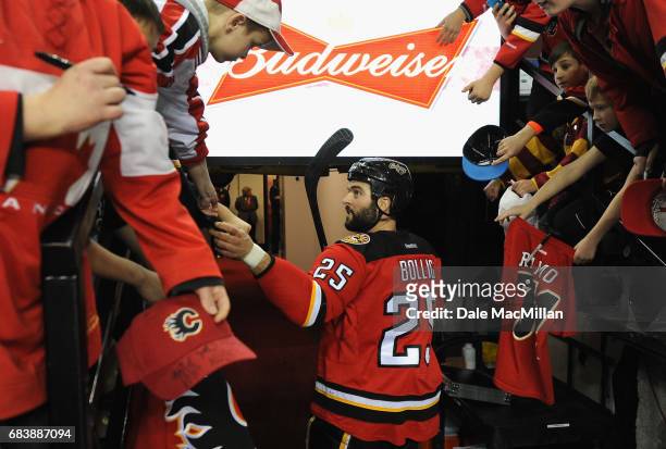 Brandon Bollig of the Calgary Flames leaves the ice after warming up before the game against the New Jersey Devils at Scotiabank Saddledome on...
