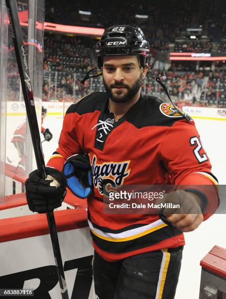 Brandon Bollig of the Calgary Flames leaves the ice after warming up before the game against the New Jersey Devils at Scotiabank Saddledome on...