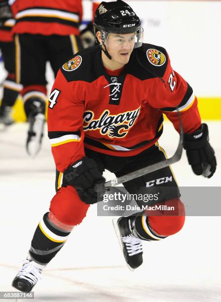 Jiri Hudler of the Calgary Flames warms up before the game against the New Jersey Devils at Scotiabank Saddledome on November 22, 2014 in Calgary,...