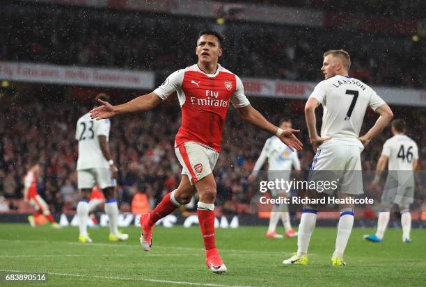 Alexis Sanchez of Arsenal celebrates scoring his sides second goal during the Premier League match between Arsenal and Sunderland at Emirates Stadium...