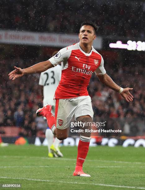 Alexis Sanchez of Arsenal celebrates scoring his sides second goal during the Premier League match between Arsenal and Sunderland at Emirates Stadium...