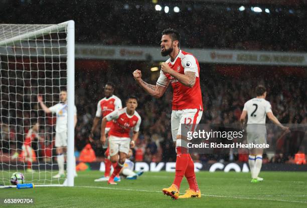 Olivier Giroud of Arsenal celebrates his sides second goal during the Premier League match between Arsenal and Sunderland at Emirates Stadium on May...