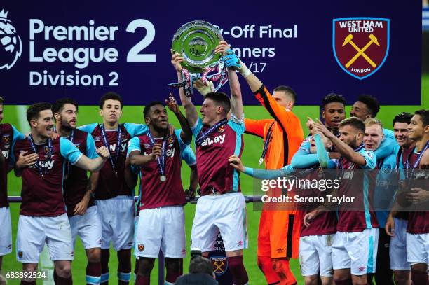 Captain Declan Rice of West Ham holds up the Premier League 2 trophy after West Ham win the Premier League 2 Play-Off Match between Newcastle United...