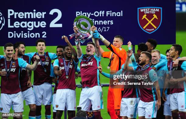 Captain Declan Rice of West Ham holds up the Premier League 2 trophy after West Ham win the Premier League 2 Play-Off Match between Newcastle United...