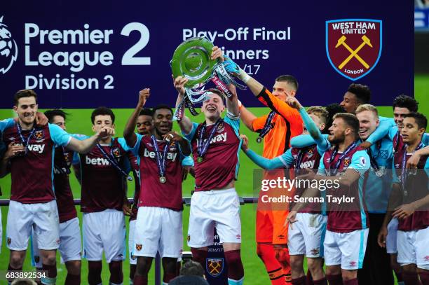 Captain Declan Rice of West Ham holds up the Premier League 2 trophy after West Ham win the Premier League 2 Play-Off Match between Newcastle United...