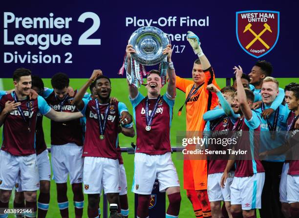 Captain Declan Rice of West Ham holds up the Premier League 2 trophy after West Ham win the Premier League 2 Play-Off Match between Newcastle United...