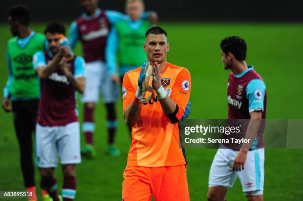 West Ham Goalkeeper Raphael Spiegel claps after West Ham win the Premier League 2 Play-Off Match between Newcastle United and West Ham United at...