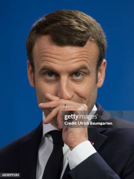 Visit in Berlin - Emmanuel Macron, President of the French Republic, during the press conference after the conversation with Federal Chancellor...