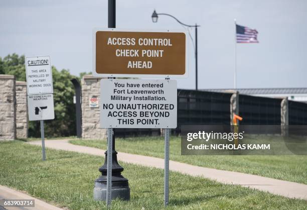 Sign is seen at the entrance to US Army facility Fort Leavenworth in Leavenworth, Kansas, on May 16, 2017. After seven years behind bars, US Army...