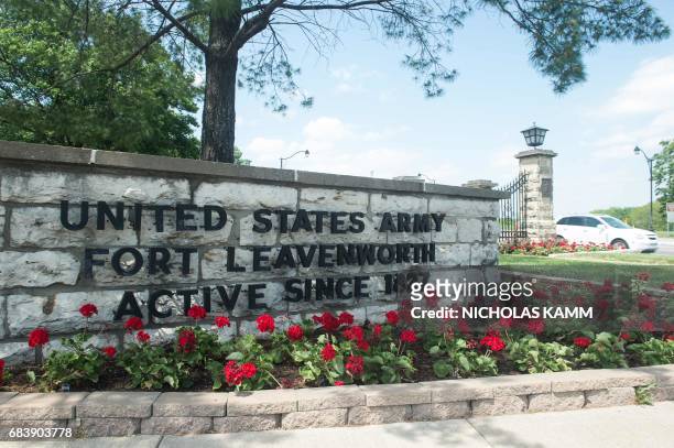 Sign marks the entrance to US Army facility Fort Leavenworth in Leavenworth, Kansas, on May 16, 2017. After seven years behind bars, US Army Private...