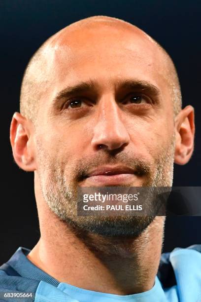 Manchester City's Argentinian defender Pablo Zabaleta takes the applause of the crowd in tribute for his final home appearance for the club at the...