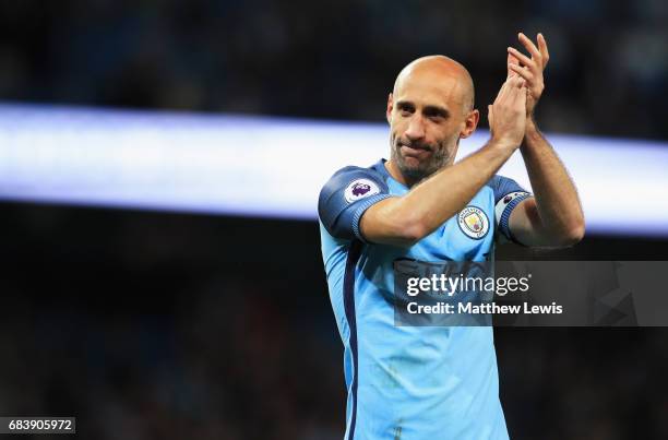 Pablo Zabaleta of Manchester City shows appreciation to the fans after the Premier League match between Manchester City and West Bromwich Albion at...