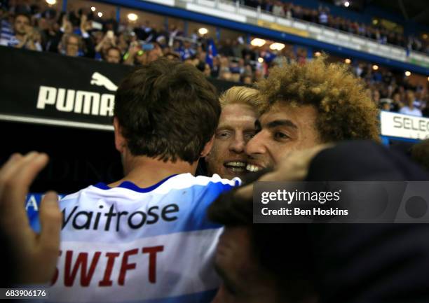 John Swift of Reading, Paul McShane of Reading and Daniel Williams of Reading celebrate after the Sky Bet Championship Play Off Second Leg match...