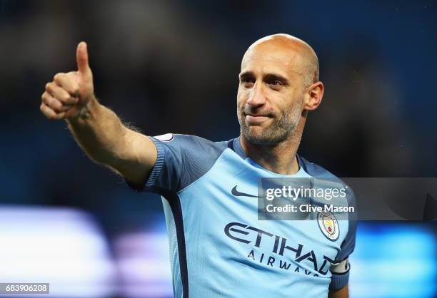 Pablo Zabaleta of Manchester City shows appreciation to the fans after the Premier League match between Manchester City and West Bromwich Albion at...