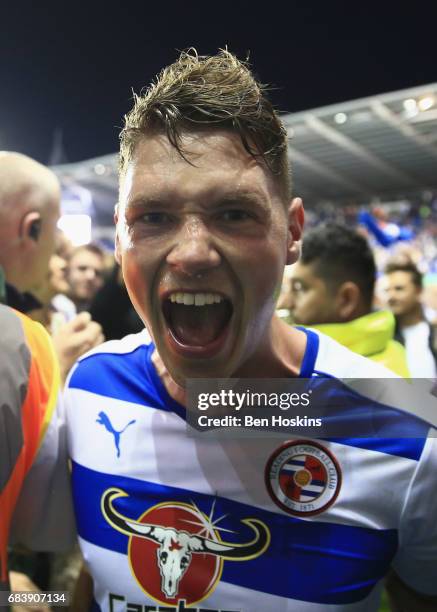 George Evans of Reading celebrates after the Sky Bet Championship Play Off Second Leg match between Reading and Fulham at Madejski Stadium on May 16,...