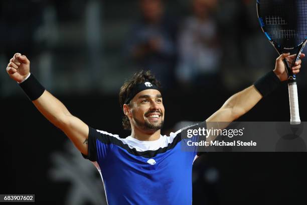 Fabio Fognini of Italy celebrates match point during his second round match against Andy Murray of Great Britain on Day Three of The Internazionali...