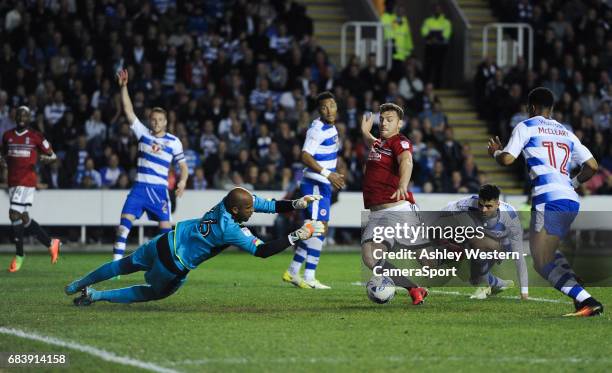 Fulham's Chris Martin denied by Reading's Ali Al-Habsi during the Sky Bet Championship Play-Off Semi Final Second Leg match between Reading and...