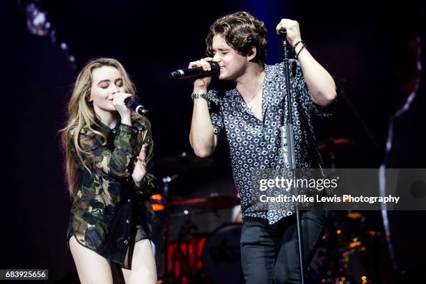 Sabrina Carpenter and Brad Simpson of The Vamps performs at Motorpoint Arena on May 16, 2017 in Cardiff, Wales.