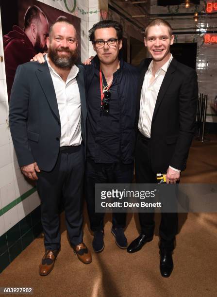 Brendan Cowell, Joe Wright and Billy Howle attend the press night after party for "Life of Galileo" in The Cut Bar at The Young Vic on May 16, 2017...
