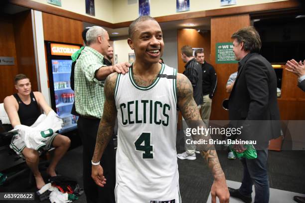 Isaiah Thomas of the Boston Celtics celebrates their victory against the Washington Wizards during Game Seven of the Eastern Conference Semifinals of...