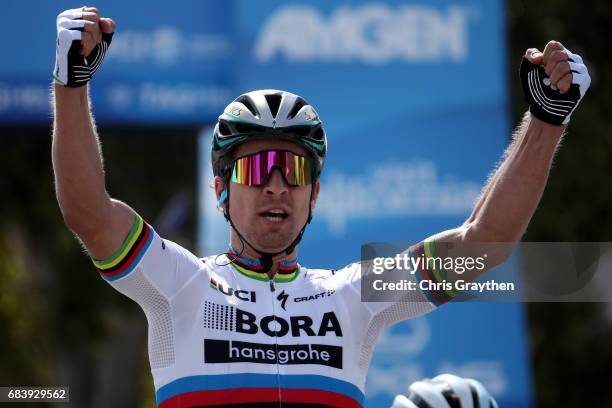 Peter Sagan of Slovakia, riding for Bora-hansgrohe celebrates after winning stage 3 of the AMGEN Tour of California from Pimo Beach to Morro Bay on...