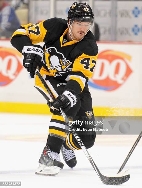 Simon Despres of the Pittsburgh Penguins plays in the game against the Toronto Maple Leafs at the Consol Energy Center on November 26, 2014 in...