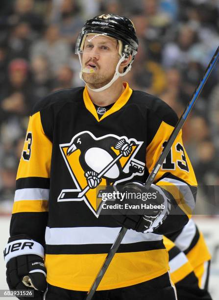 Nick Spaling of the Pittsburgh Penguins plays in the game against the Toronto Maple Leafs at the Consol Energy Center on November 26, 2014 in...