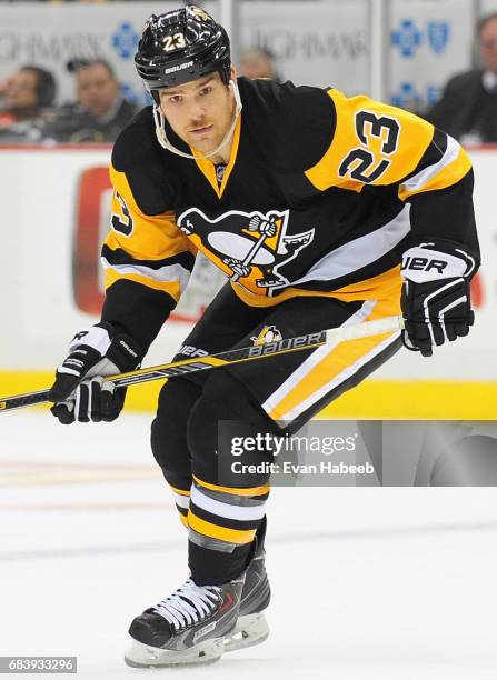 Steve Downie of the Pittsburgh Penguins plays in the game against the Toronto Maple Leafs at the Consol Energy Center on November 26, 2014 in...