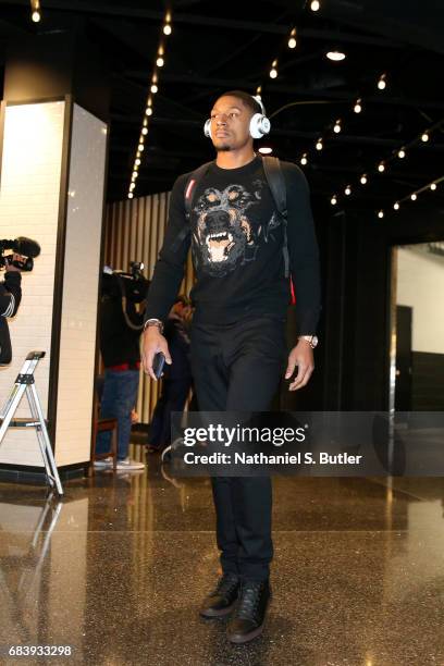 Bradley Beal of the Washington Wizards arrives to the arena before the game against the Boston Celtics during Game Seven of the Eastern Conference...