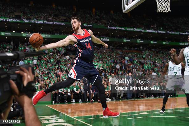 Jason Smith of the Washington Wizards goes after a loose ball against the Boston Celtics during Game Seven of the Eastern Conference Semifinals of...