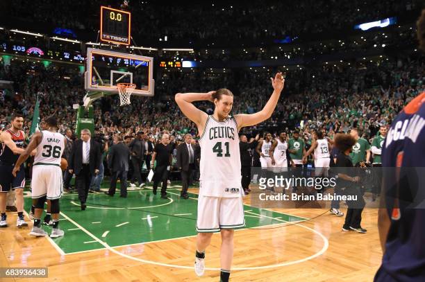 Kelly Olynyk of the Boston Celtics celebrates after Game Seven of the Eastern Conference Semifinals of the 2017 NBA Playoffs on May 15, 2017 at TD...