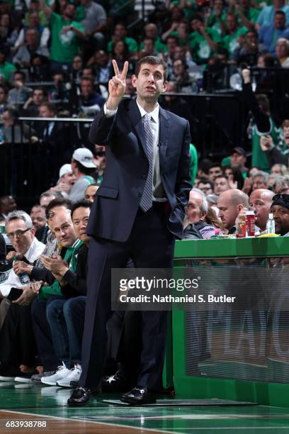 Head Coach Brad Stevens of the Boston Celtics calls a play during Game Seven of the Eastern Conference Semifinals of the 2017 NBA Playoffs on May 15,...