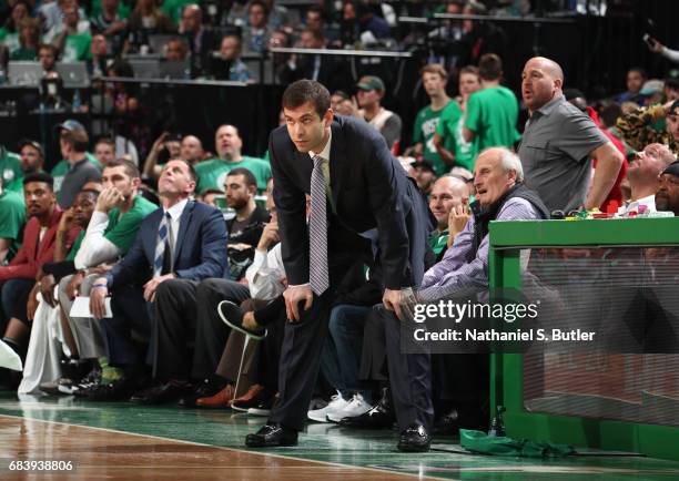 Head Coach Brad Stevens of the Boston Celtics looks on during Game Seven of the Eastern Conference Semifinals of the 2017 NBA Playoffs on May 15,...