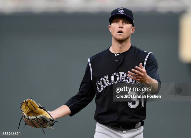 Kyle Freeland of the Colorado Rockies reacts to being called for a balk against the Minnesota Twins during the second inning of the game on May 16,...