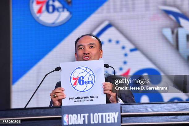 Deputy Commissioner of the NBA, Mark Tatum announces the Philadelphia 76er's 3rd pick during the 2017 NBA Draft Lottery at the New York Hilton in New...