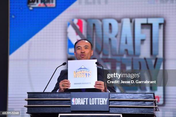 Deputy Commissioner of the NBA, Mark Tatum announces the Denver Nuggets 13th pick during the 2017 NBA Draft Lottery at the New York Hilton in New...