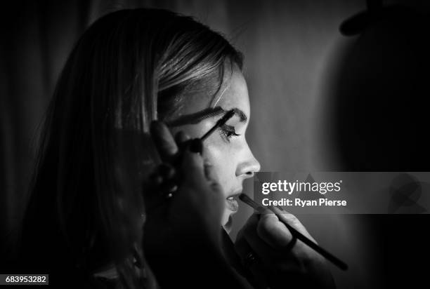 Model prepares backstage at the Bec & Bridge show at Mercedes-Benz Fashion Week Resort 18 Collections at Carriageworks on May 16, 2017 in Sydney,...