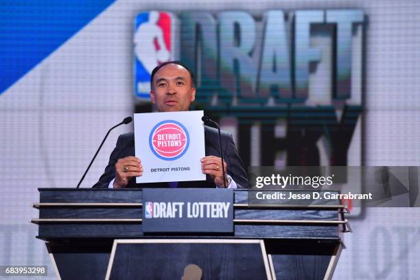 Deputy Commissioner of the NBA, Mark Tatum announces the Detroit Pistons 12th pick during the 2017 NBA Draft Lottery at the New York Hilton in New...