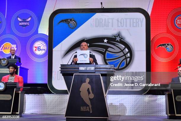 Deputy Commissioner of the NBA, Mark Tatum announces the Orlando Magic's 6th pick during the 2017 NBA Draft Lottery at the New York Hilton in New...