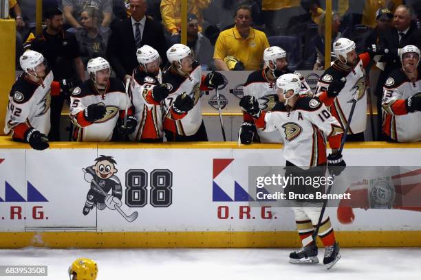 Corey Perry of the Anaheim Ducks celebrates with teammates after scoring a goal during the second period against the Nashville Predators in Game...