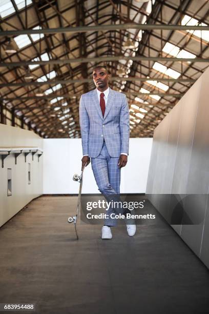 Preston Pollard wearing Benjaman Barker suit and Esquire tie with Zara shoes during Mercedes-Benz Fashion Week Resort 18 Collections at Carriageworks...