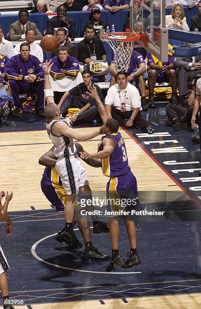 Jason Kidd of the New Jersey Nets drives to the basket for a layup against the Los Angeles Lakers during game three of the 2002 NBA Finals at the...