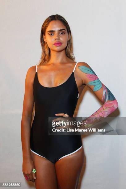Model Samantha Harris poses backstage ahead of the Swim show at Mercedes-Benz Fashion Week Resort 18 Collections at Carriageworks on May 17, 2017 in...