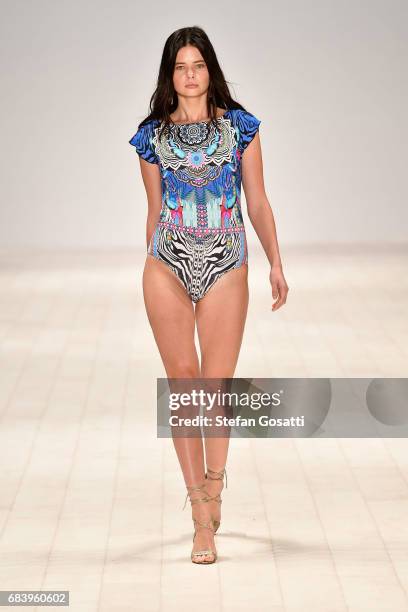 Model walks the runway in a design by Aqua Blu during the Swim show at Mercedes-Benz Fashion Week Resort 18 Collections at Carriageworks on May 17,...