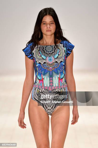 Model walks the runway in a design by Aqua Blu during the Swim show at Mercedes-Benz Fashion Week Resort 18 Collections at Carriageworks on May 17,...