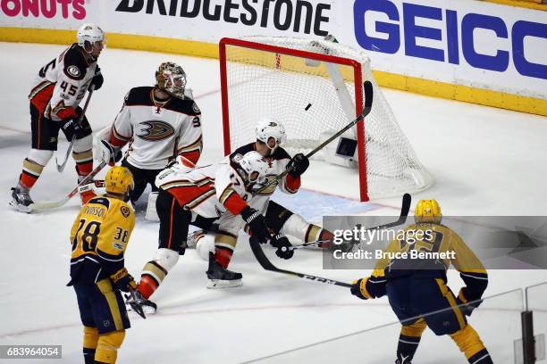 Roman Josi of the Nashville Predators scores a goal against John Gibson of the Anaheim Ducks during the third period in Game Three of the Western...