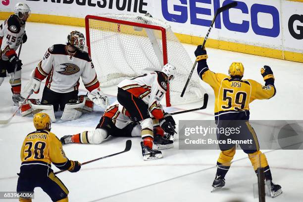 Roman Josi of the Nashville Predators celebrates scoring a goal against John Gibson of the Anaheim Ducks during the third period in Game Three of the...