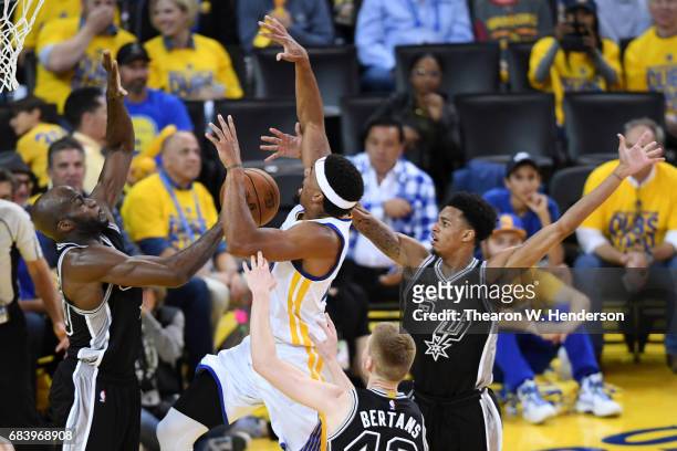 James Michael McAdoo of the Golden State Warriors loses control of the ball against the San Antonio Spurshe drives to the hoop against the San...