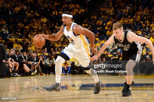 James Michael McAdoo of the Golden State Warriors handles the ball during the game against the San Antonio Spurs during Game Two of the Western...